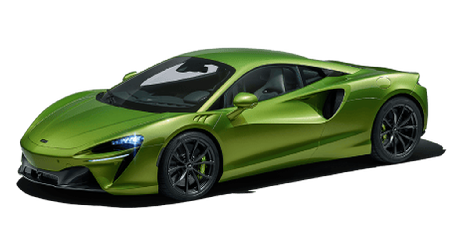 Green McLaren Arthura sports car with white background