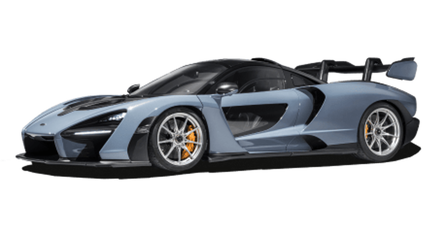 Blue McLaren Senna sports car with white background