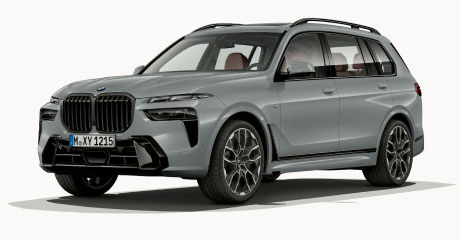 Grey BMW X7 car facing left with white background