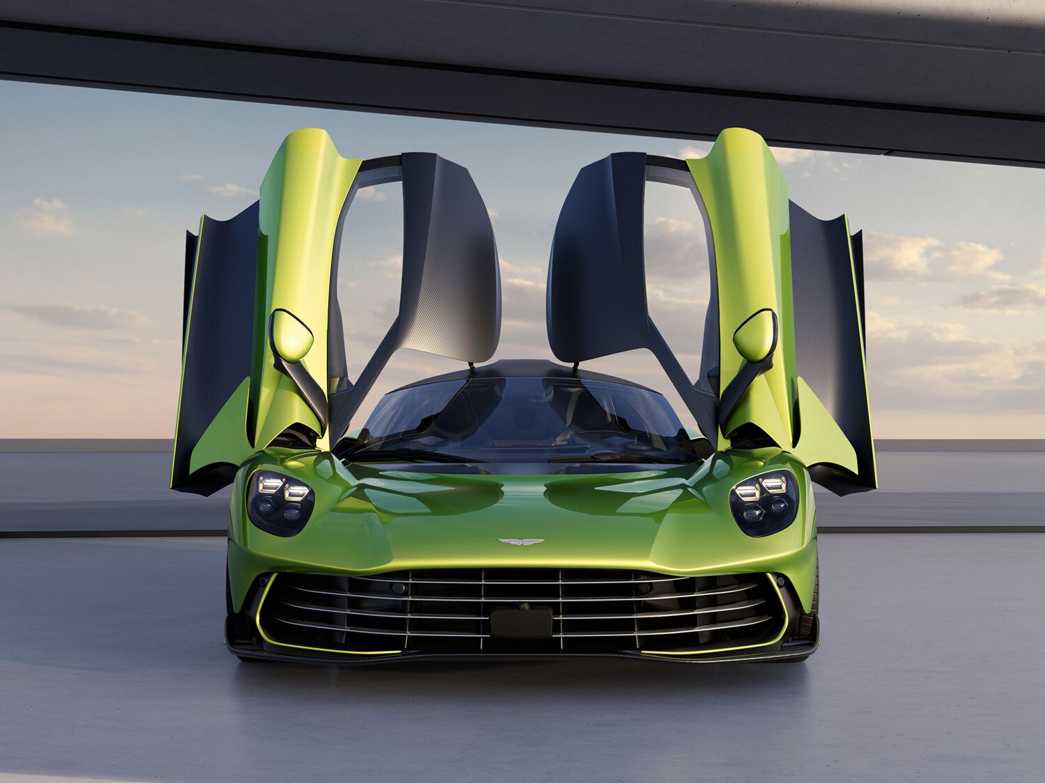 Green Aston Martin Valhalla with doors open