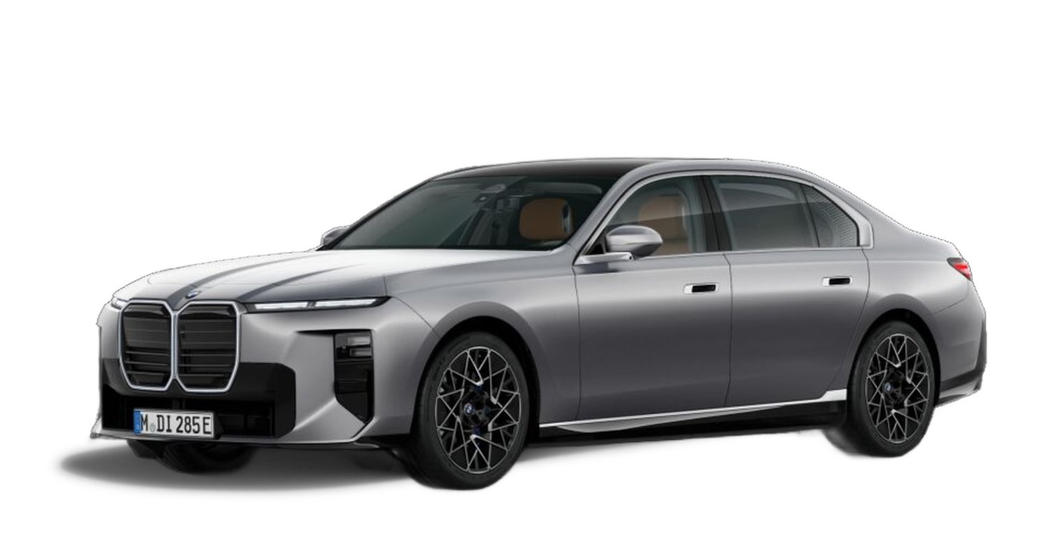 Tan BMW 7 Series car facing left with white background