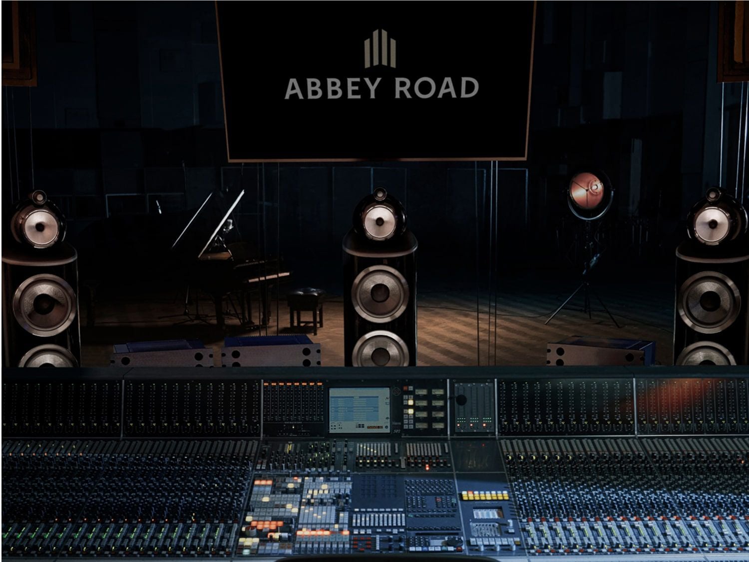 Abbey Road Studios with three speakers facing forward