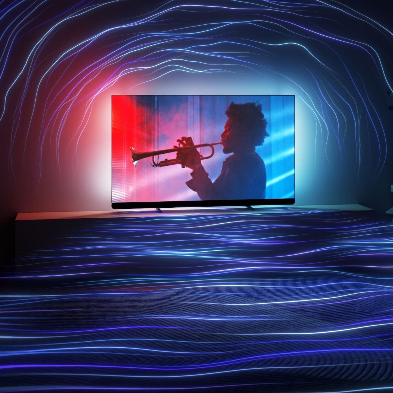 TV showing man playing trumpet with red and blue colors with blue wavy background