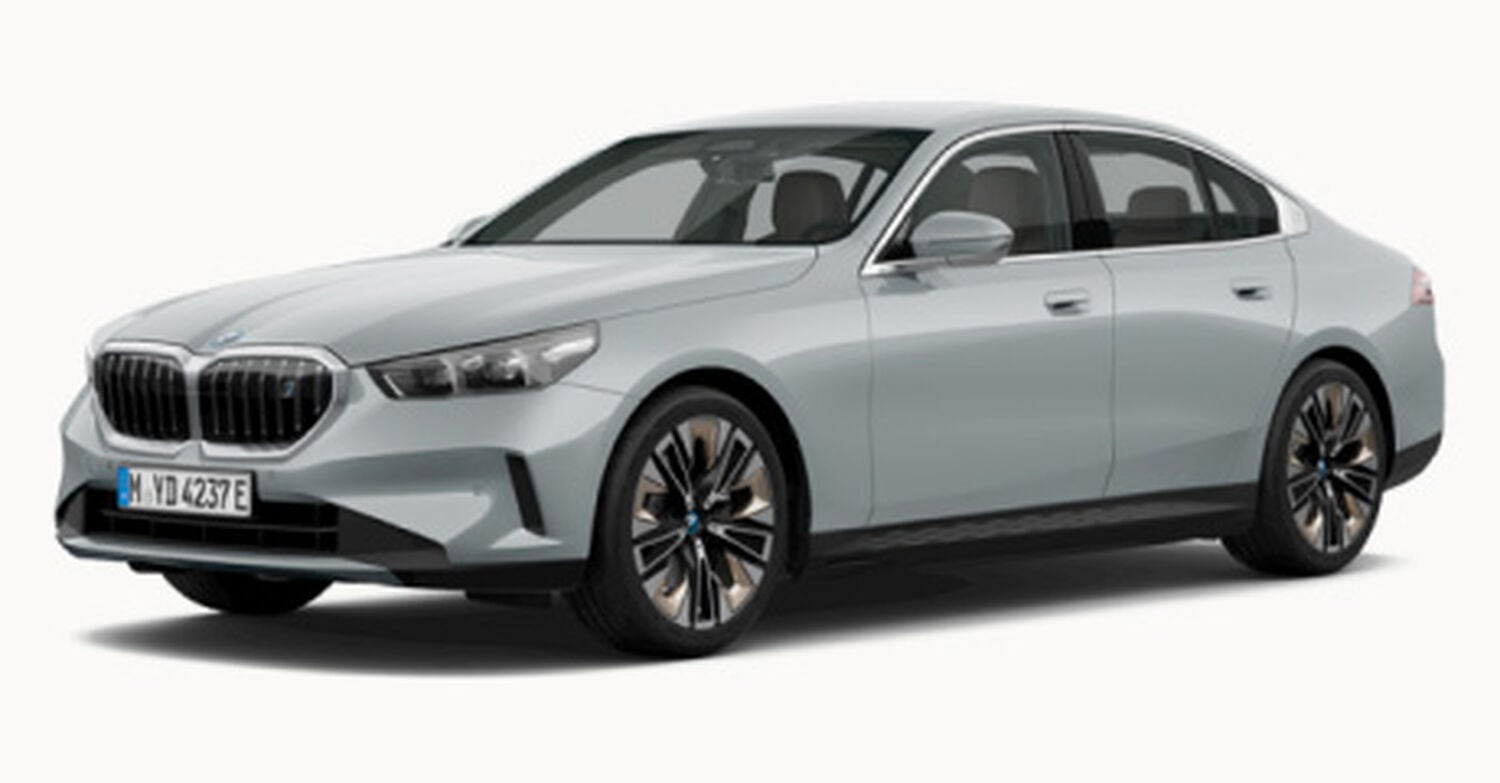 Grey BMW i5 car facing left with white background