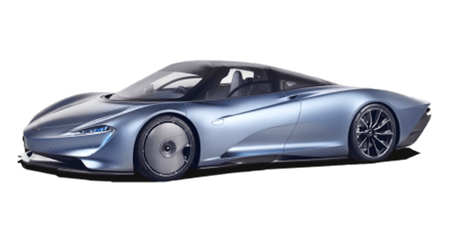 Blue McLaren Speedtail sports car with white background
