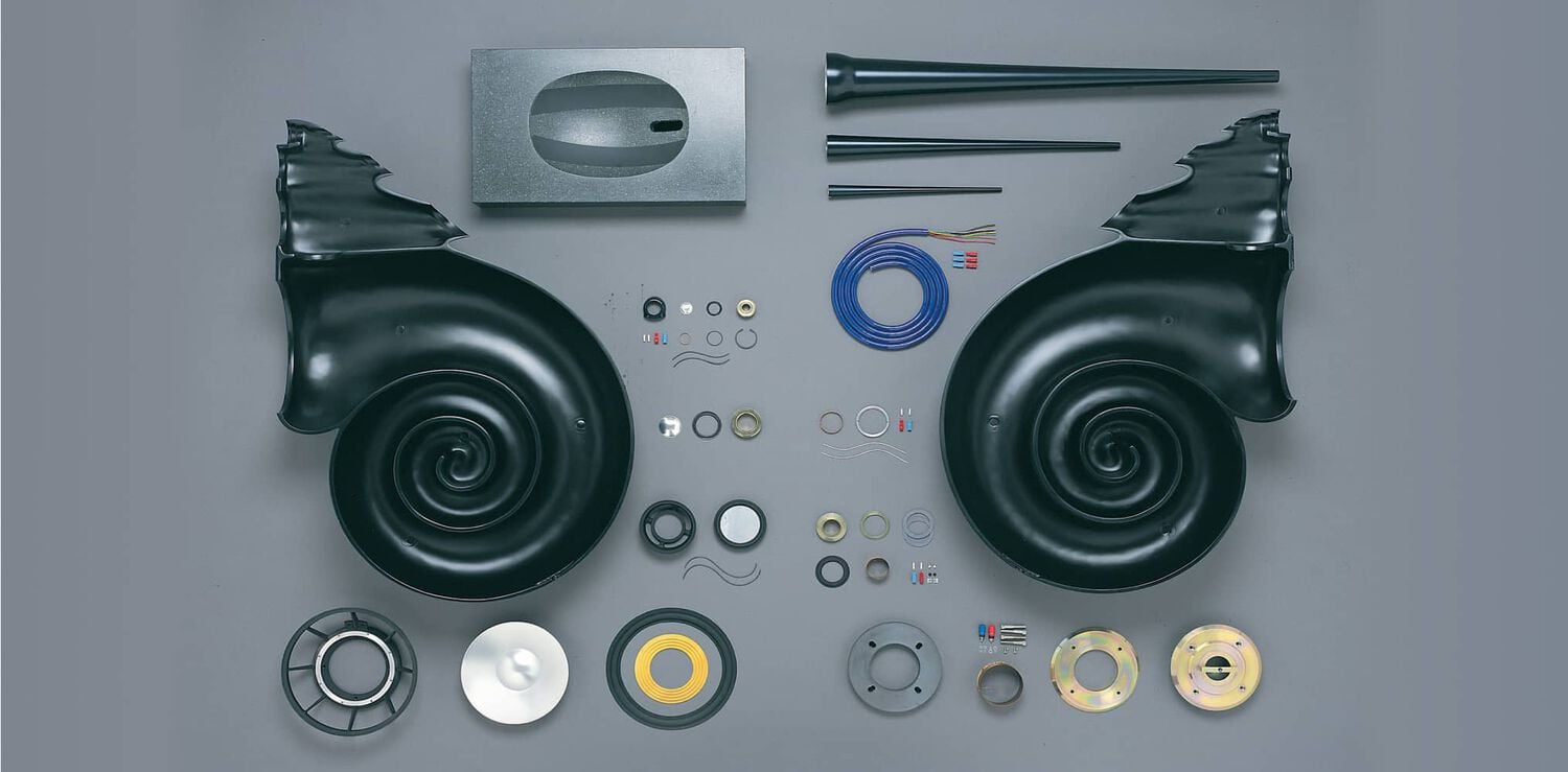 Nautilus speaker opened with all components laid out on table