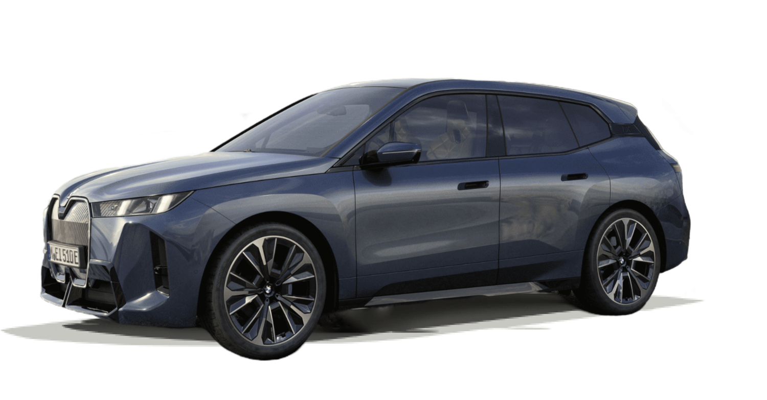 Dark Grey BMW iX car facing left with white background