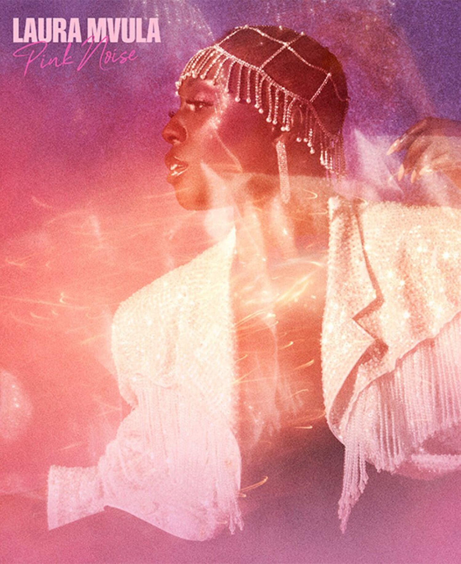 Woman facing left with pink background