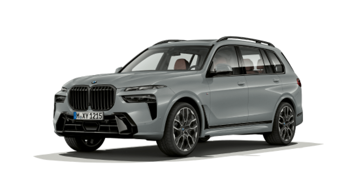 Grey BMW X7 car facing left with white background