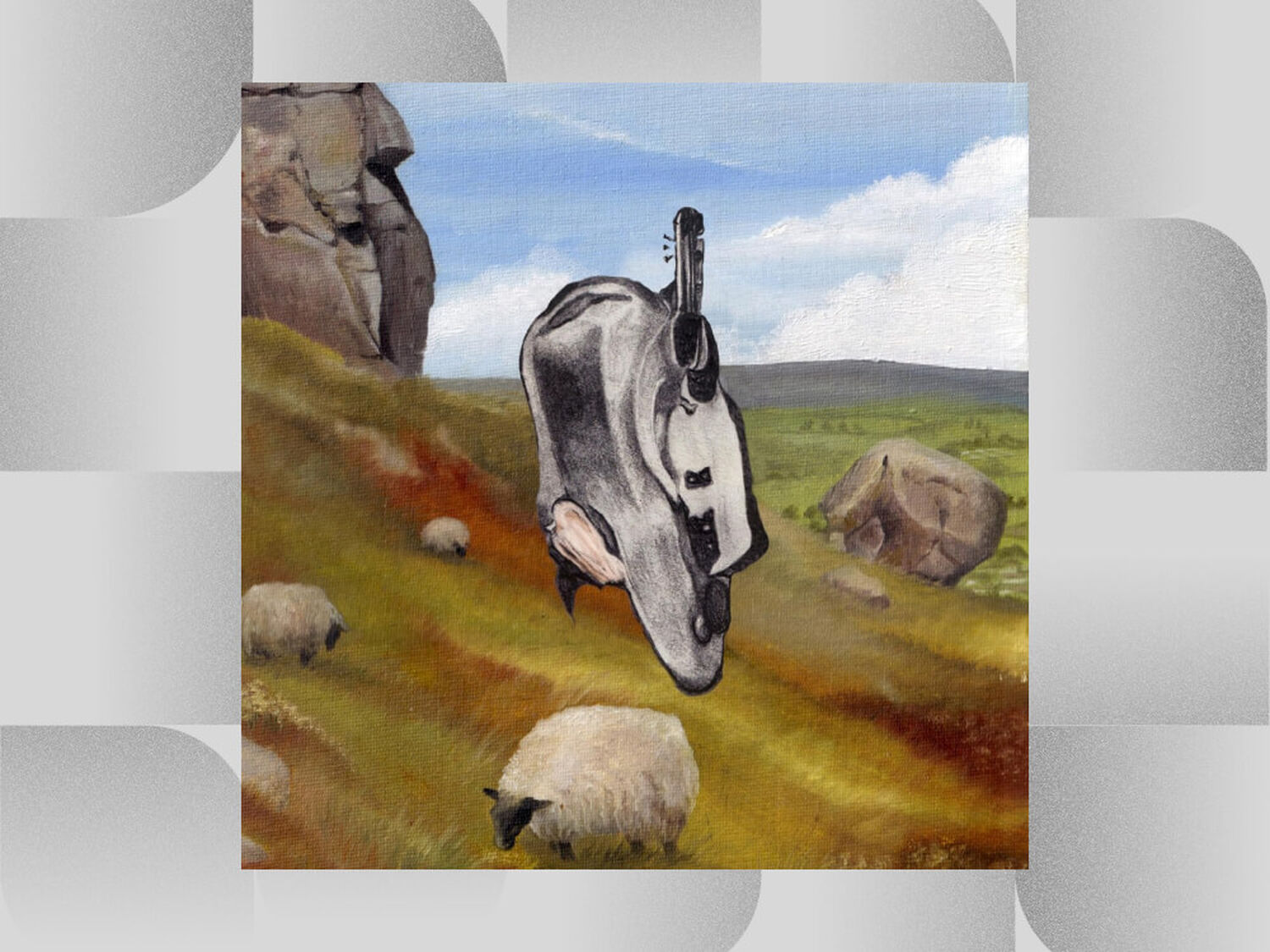 Painting with sheep in field with blue cloudy sky and boulders