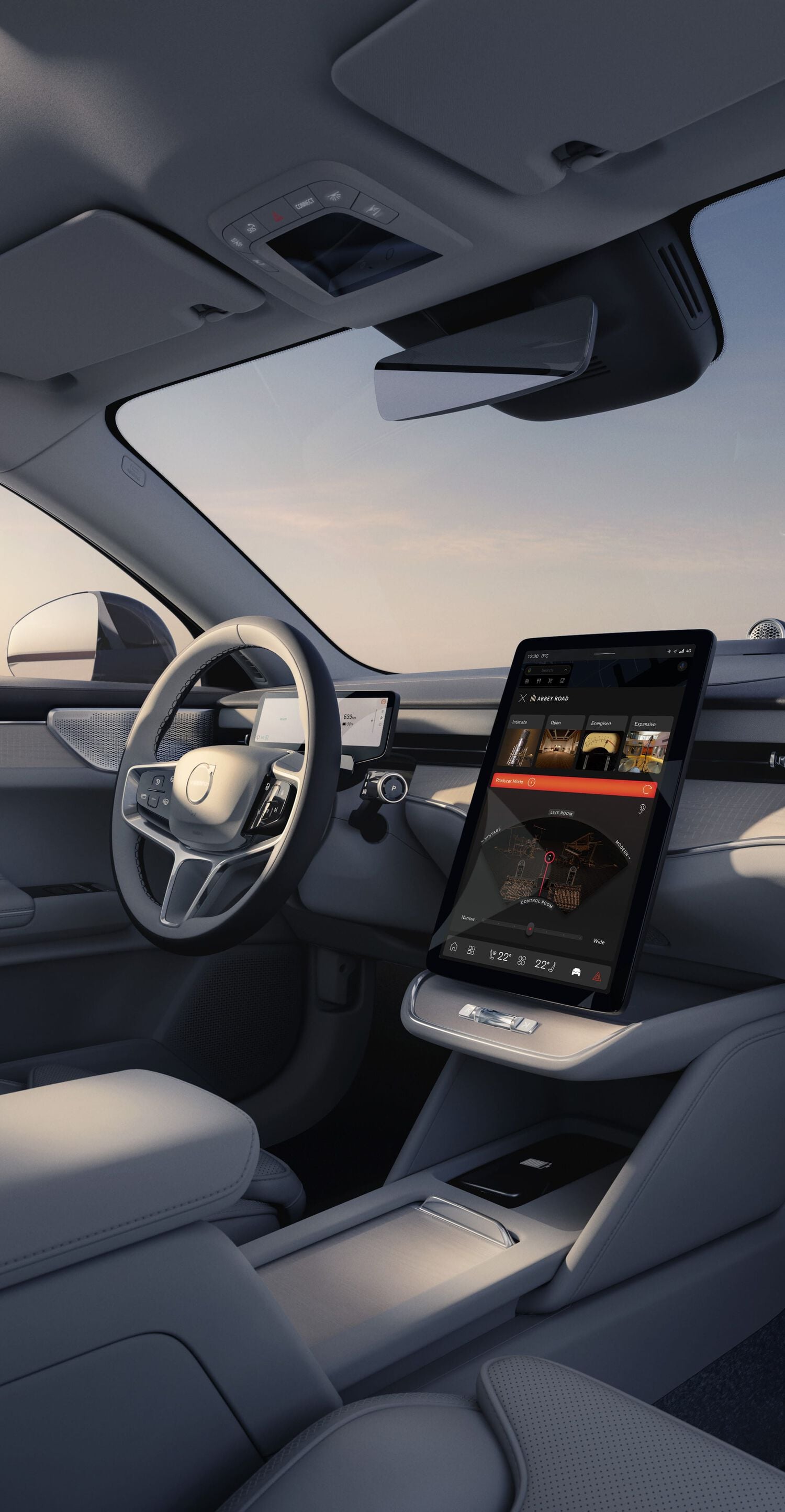 Driver side of Volvo car with gray leather interior