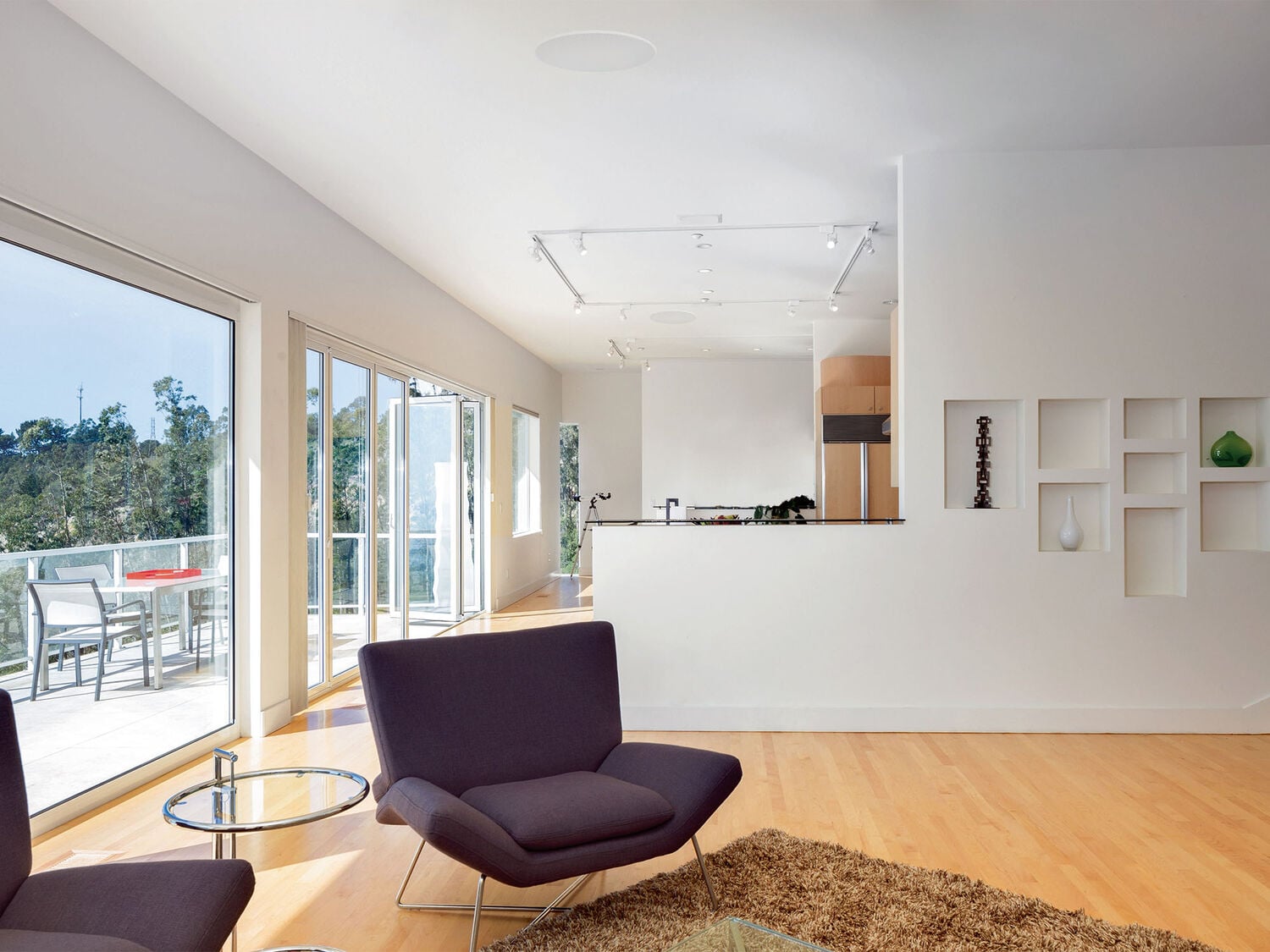 White living room with wood floors