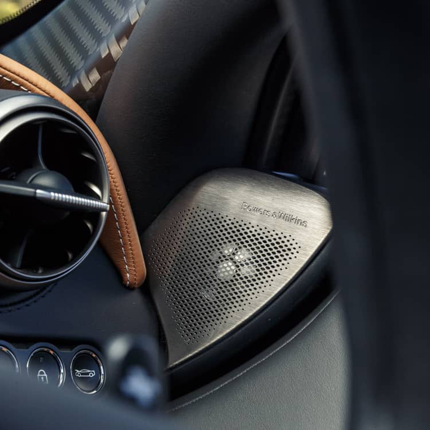 Silver Bowers & Wilkins speaker inside car
