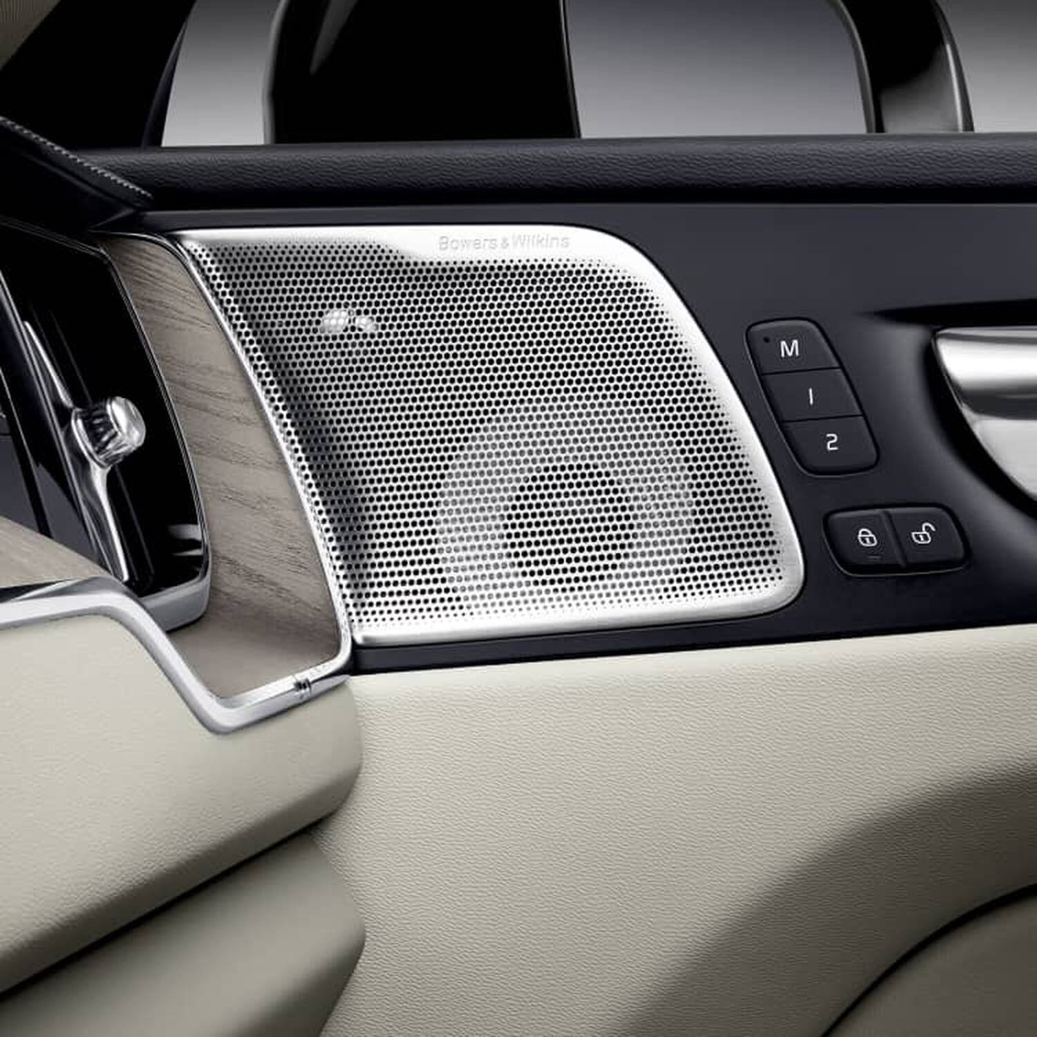 Silver Bowers & Wilkins car speaker on left passenger door