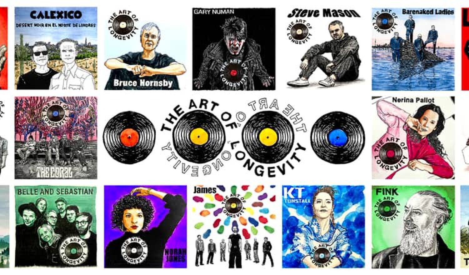 Collage of podcast covers with various musicians drawn on covers with vinyl record logo