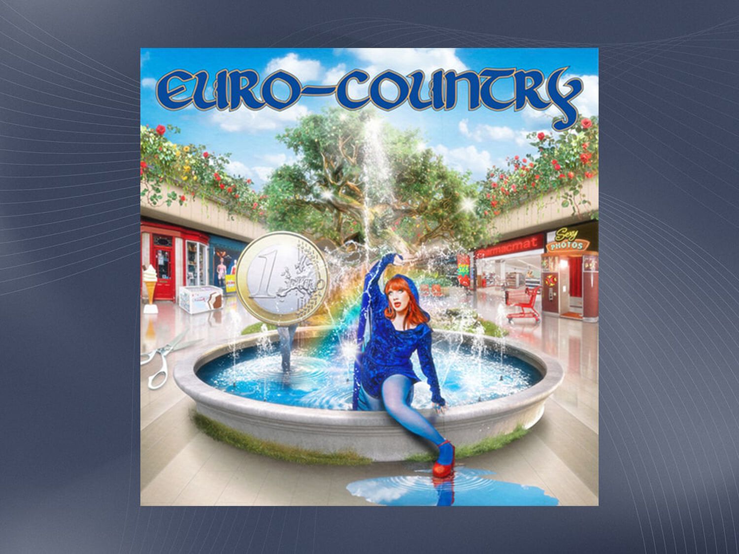 Water fountain in center of outdoor mall with woman climbing out of fountain in blue dress