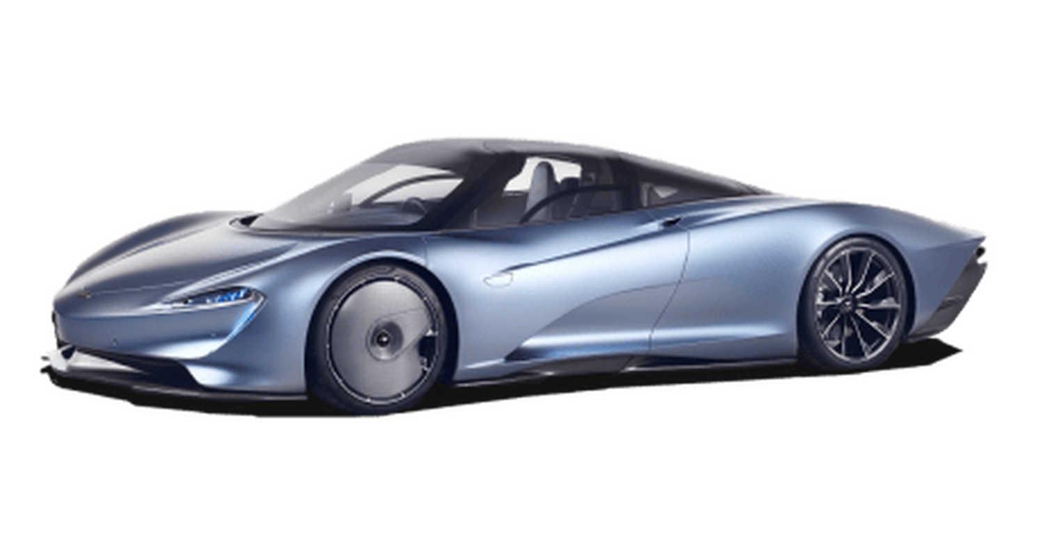 Blue McLaren Speedtail sports car with white background