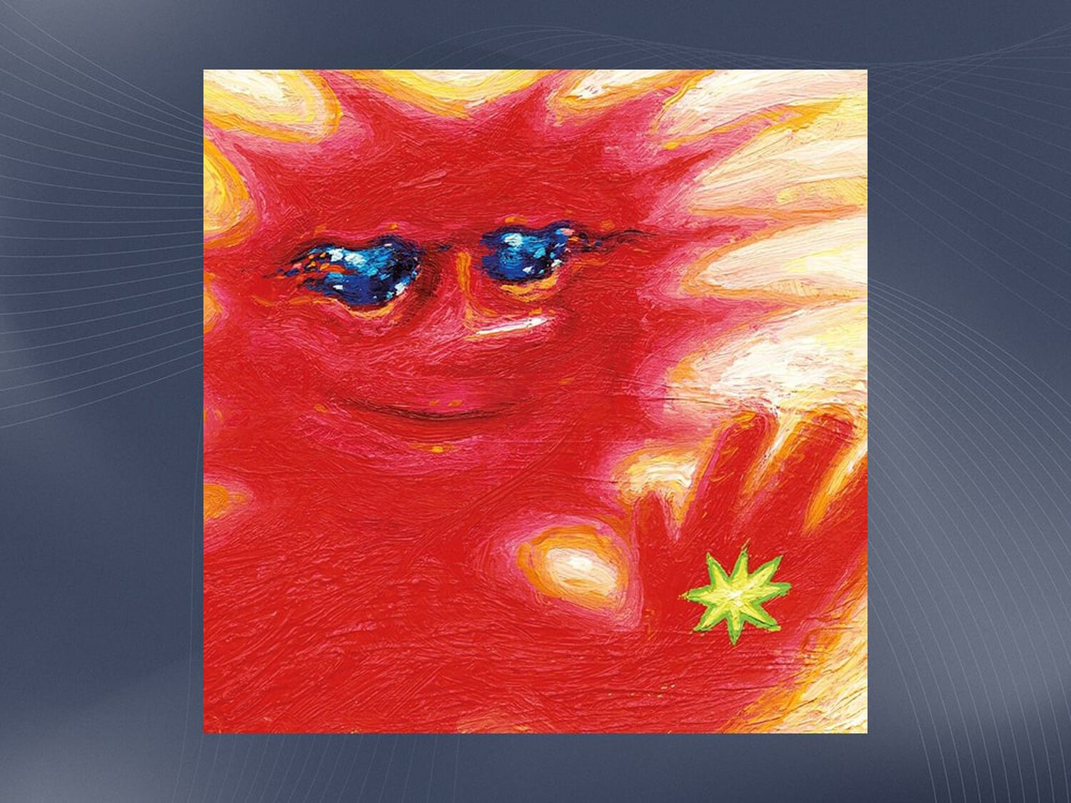 Red pastel cartoon painting of person with hand out