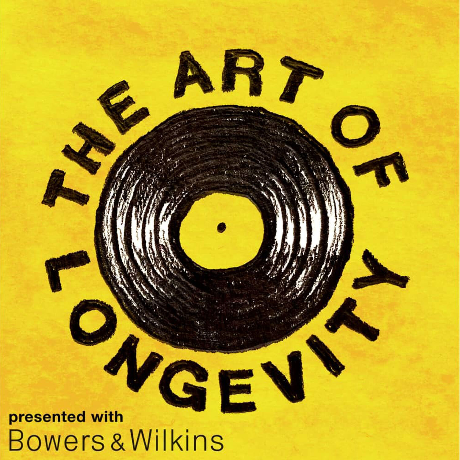 Drawing of podcast logo with vinyl record in center with black text surrounding with yellow background