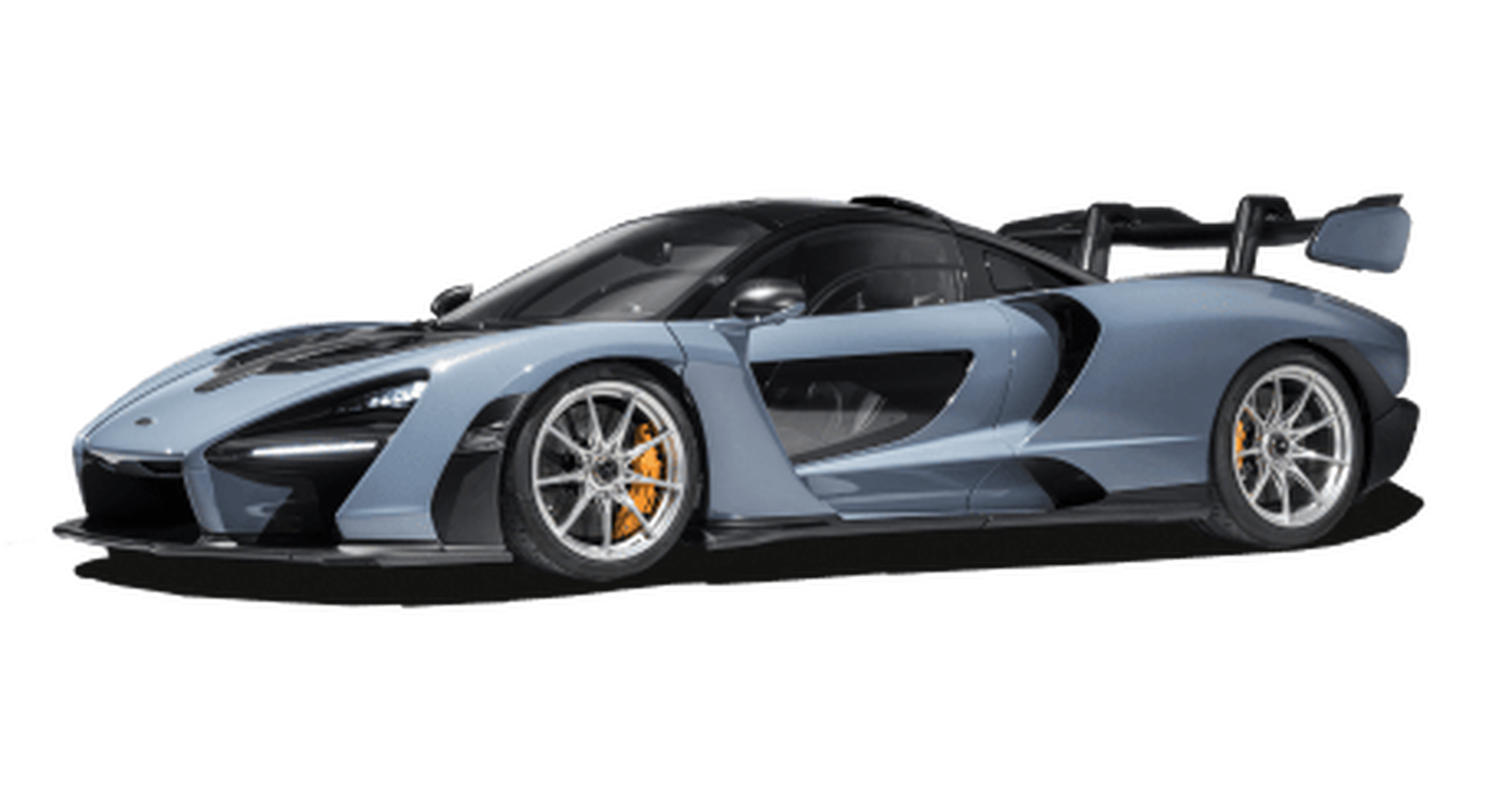 Blue McLaren Senna sports car with white background