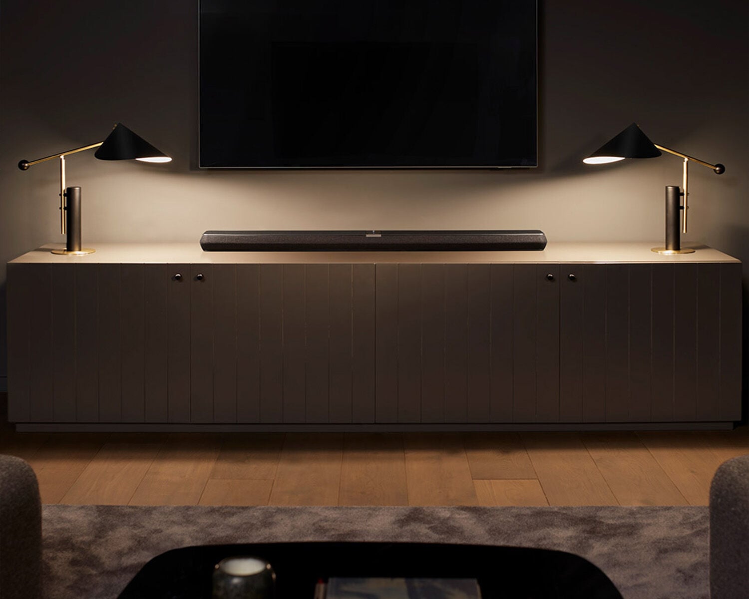 Bowers & Wilkins soundbar on a table beneath the television