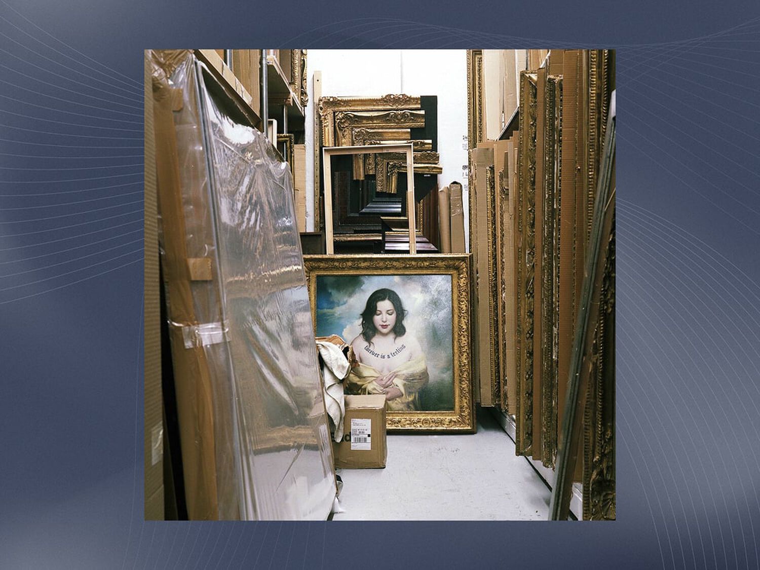 Painting of a woman in a hallway of frames