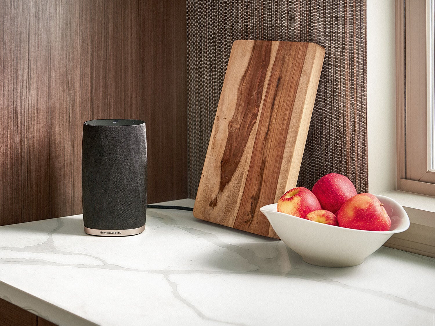 Black speaker on kitchen counter