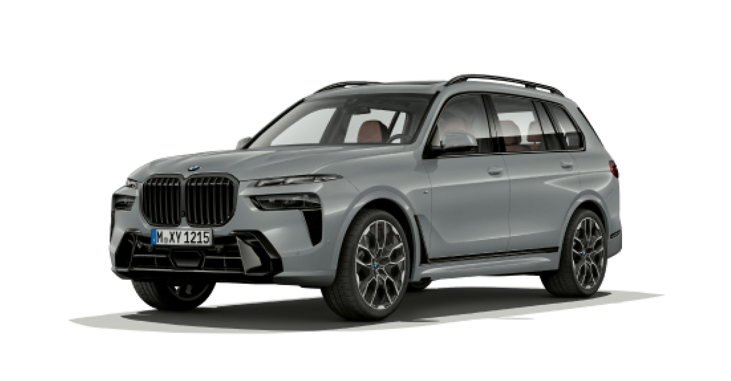 Grey BMW X7 car facing left with white background