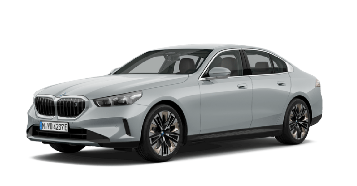 Grey BMW i5 car facing left with white background