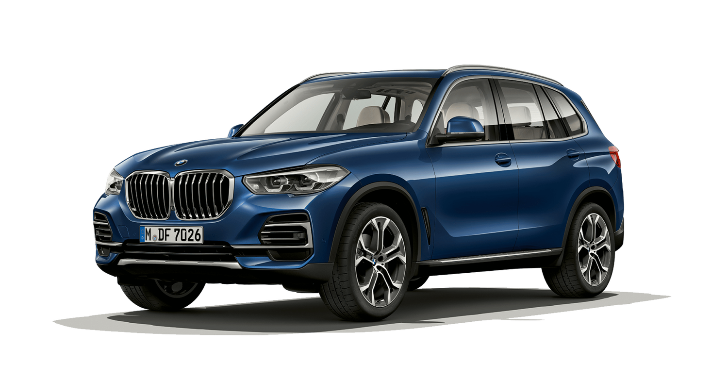 Blue BMW X5 car facing left with white background