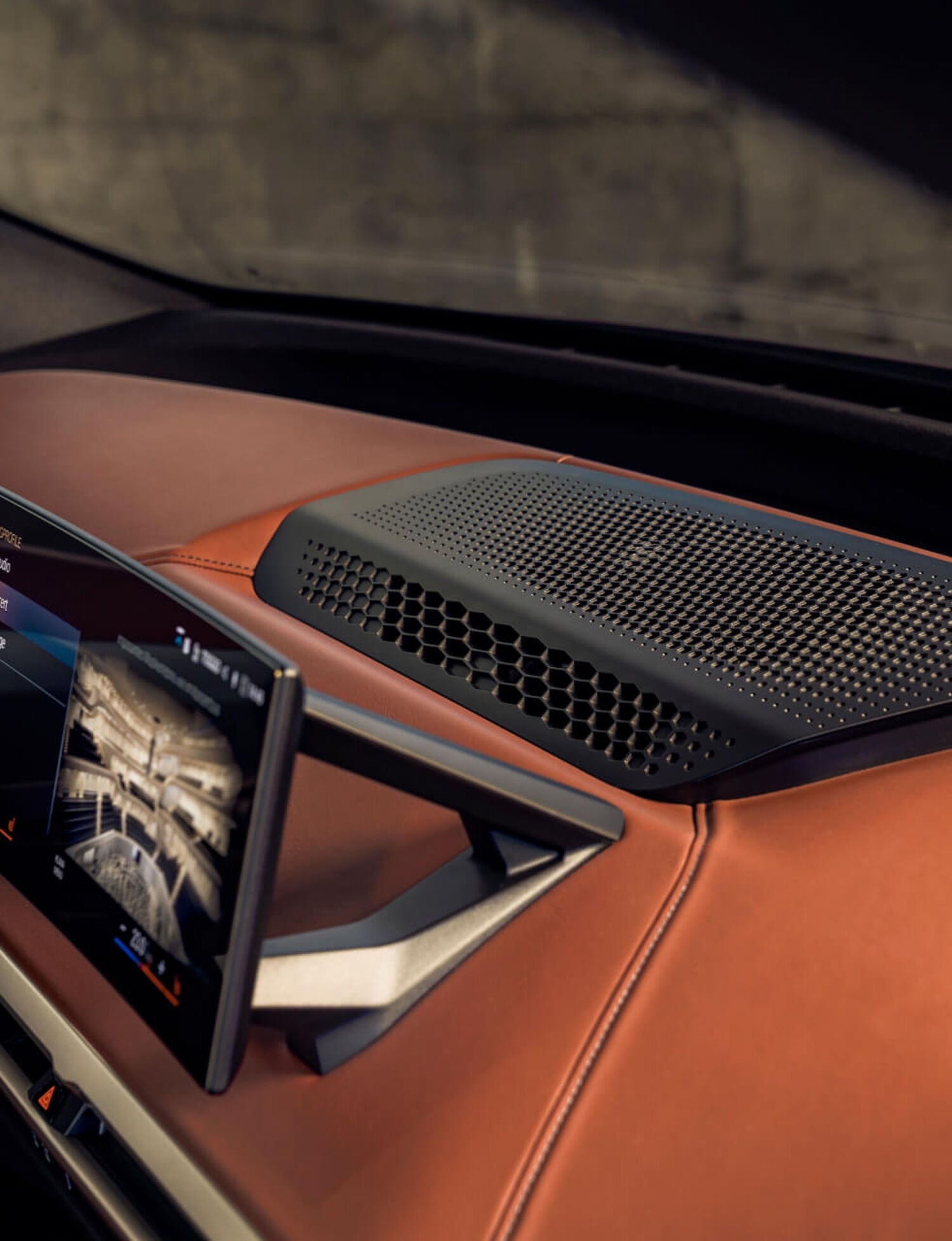 Red leather dashboard with black speaker
