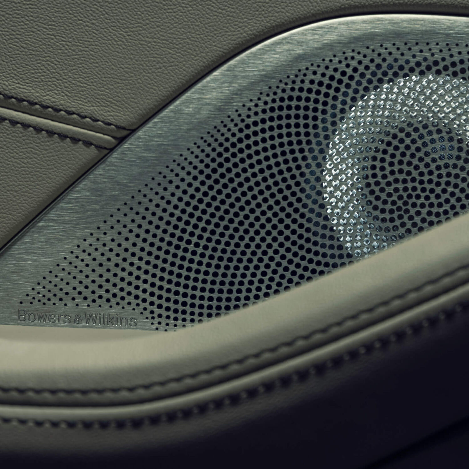 Bowers & Wilkins car speaker with tan leather surrounding
