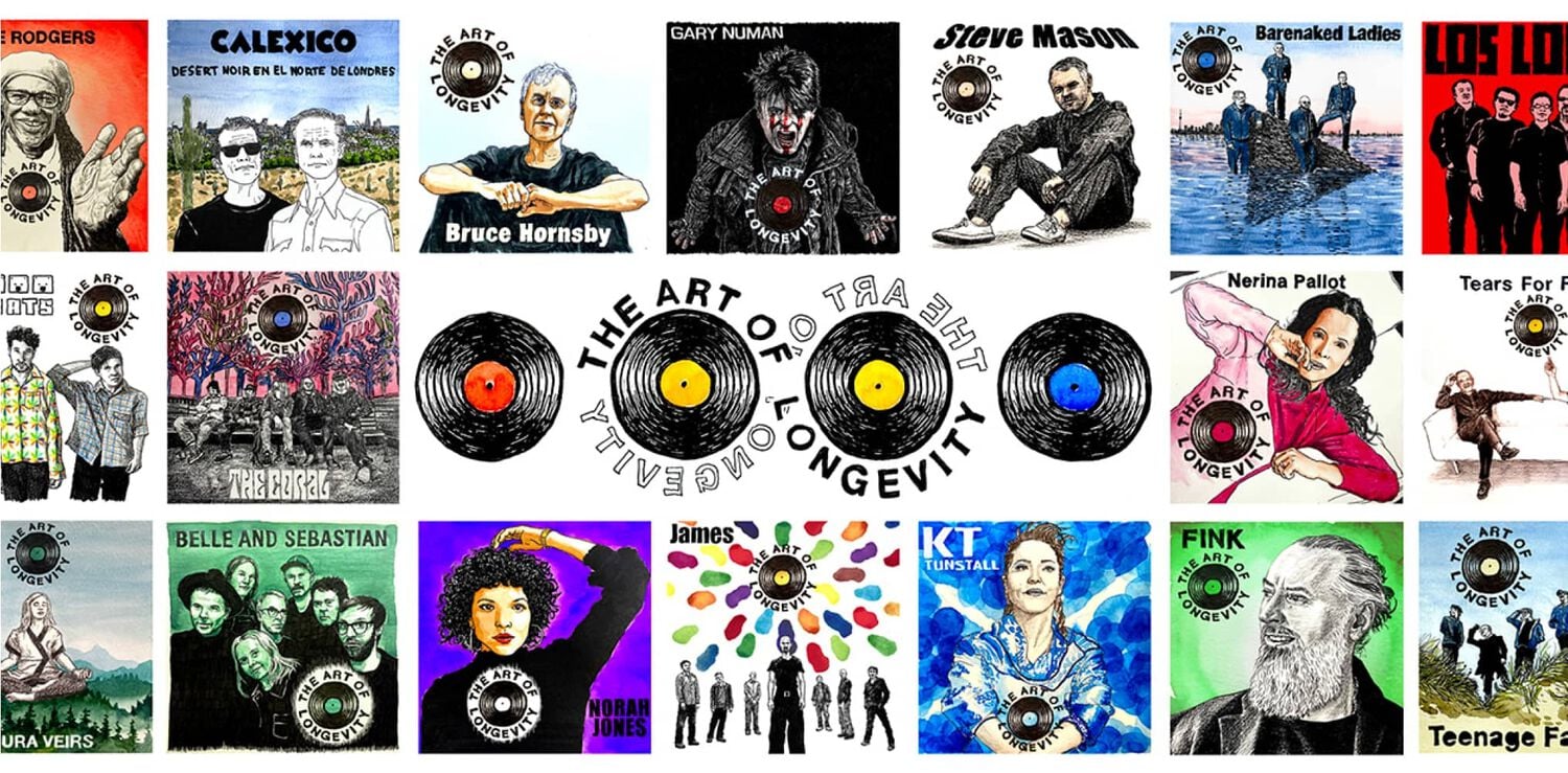 Collage of podcast covers with various musicians drawn on covers with vinyl record logo