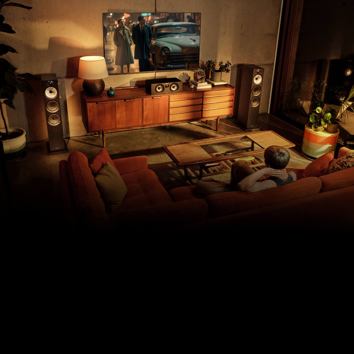 Home Theater setup in a living room with Bowers & Wilkins speakers