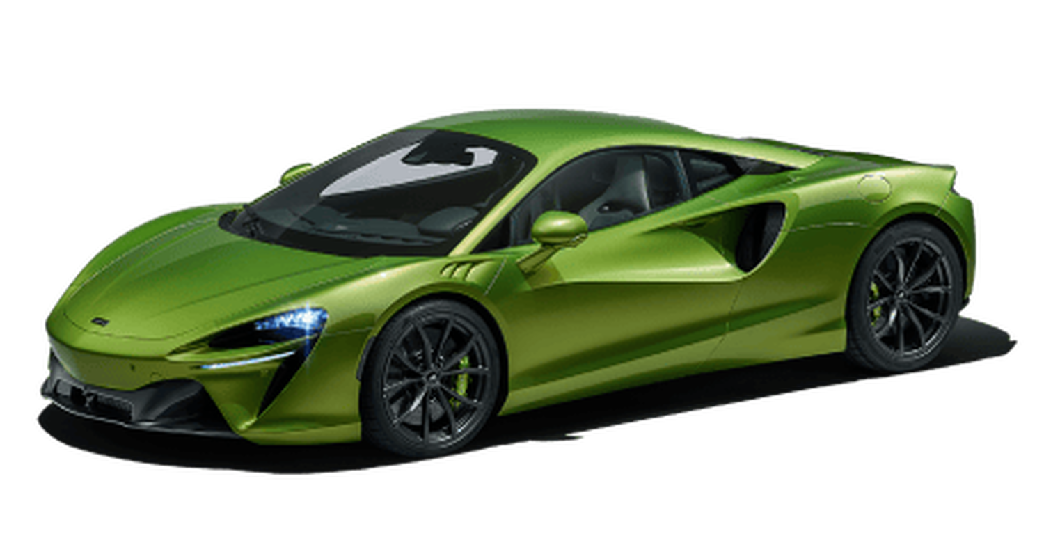 Green McLaren Arthura sports car with white background