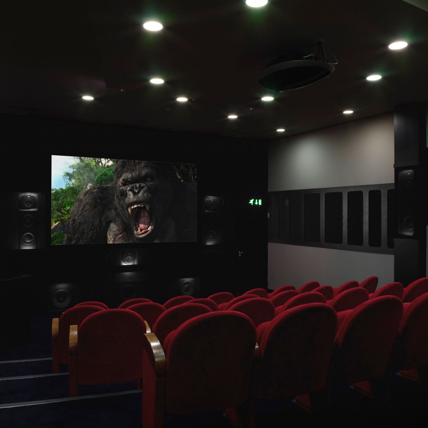 Movie theater with red seats, showing gorilla on movie screen