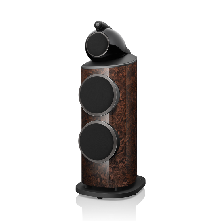 801 D4 Signature - California Burl Gloss side front covered woofers view