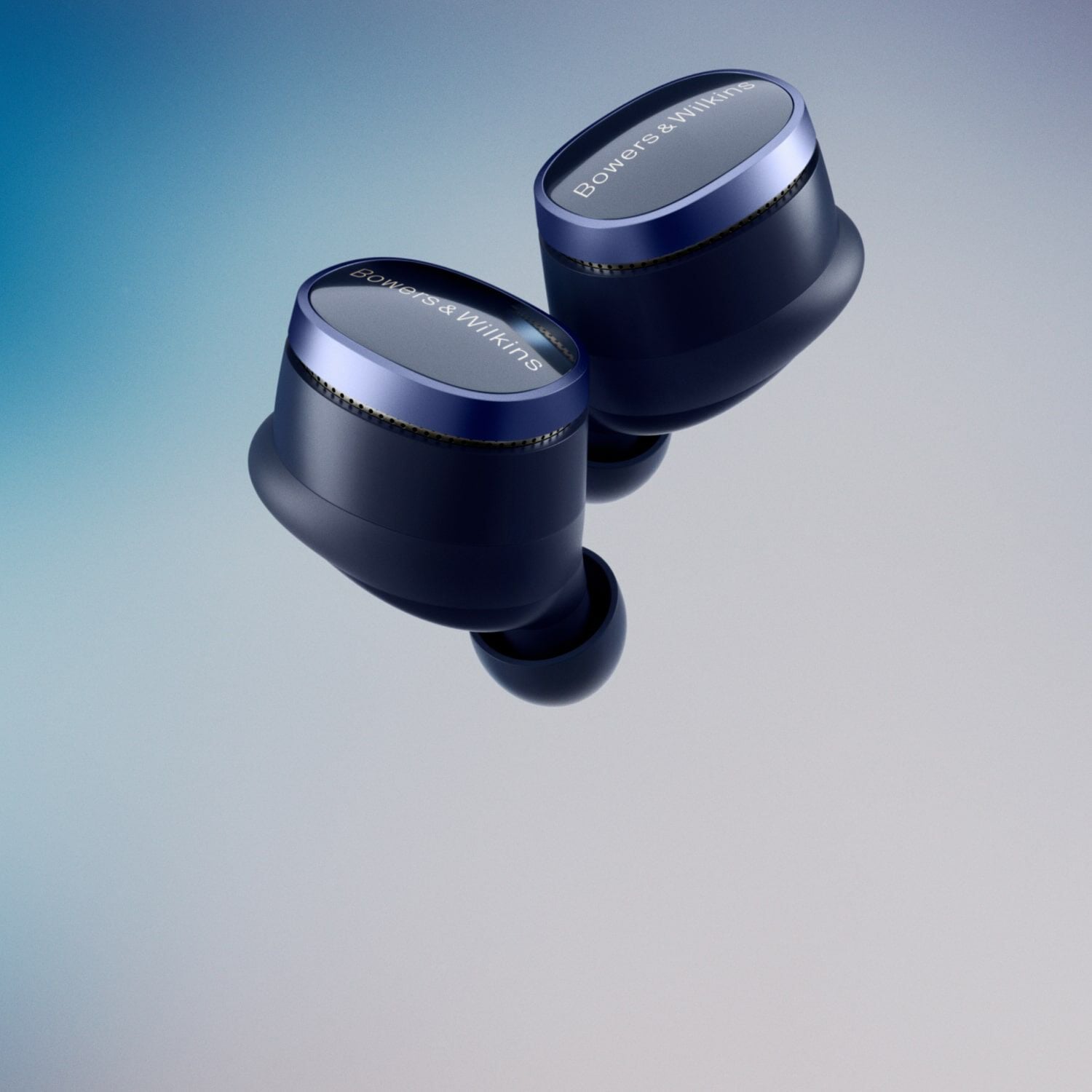 Blue Pi8 Wireless Earbuds on gradient blue background
