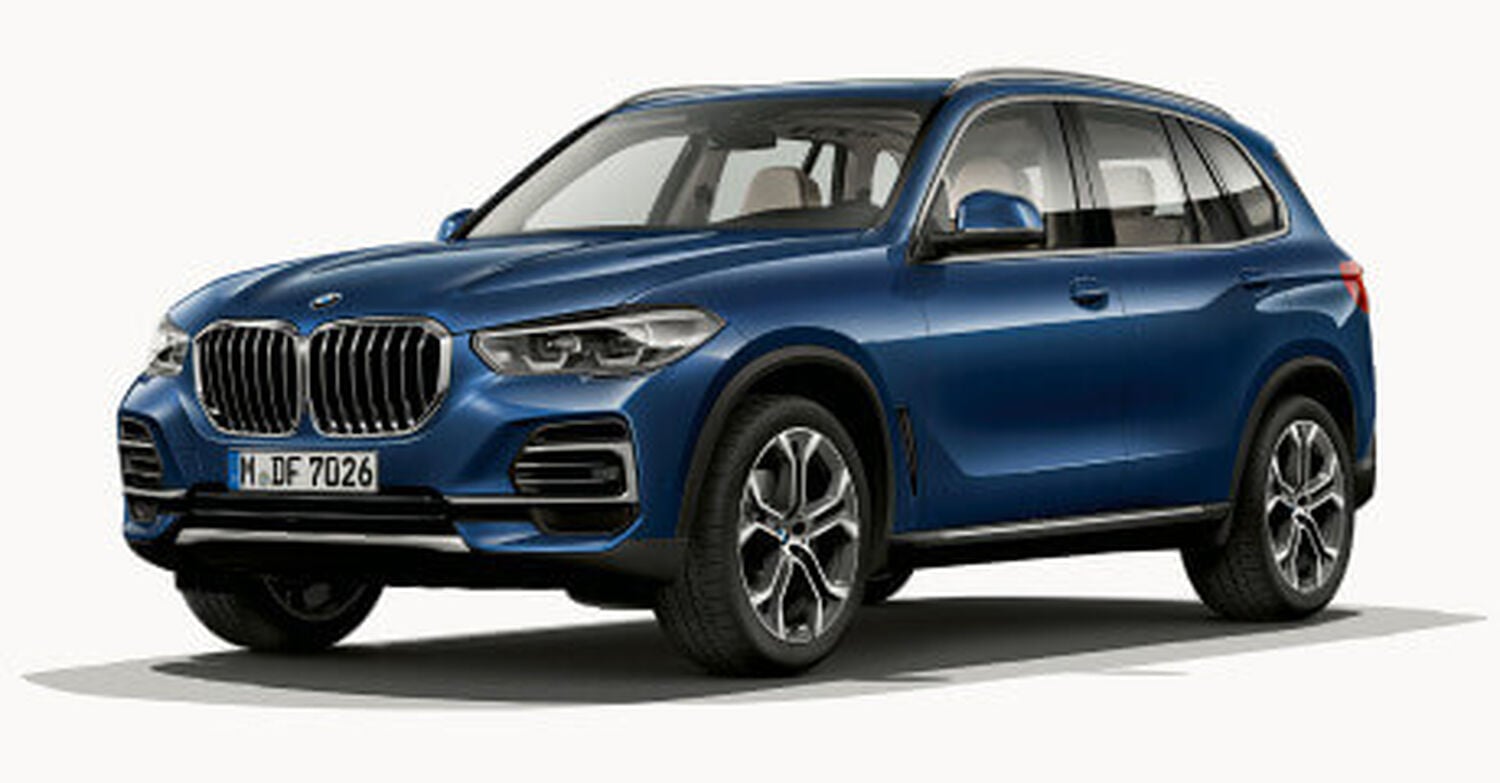Blue BMW X5 car facing left with white background