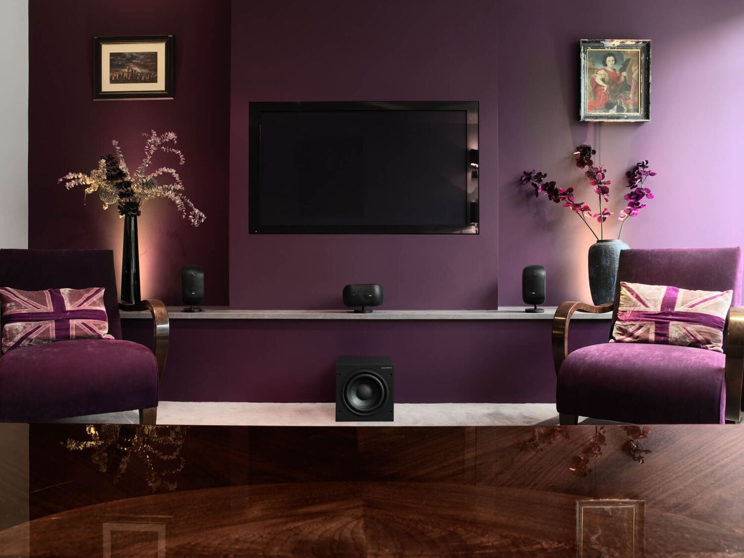 ASW Series in a living room with purple walls and purple furniture