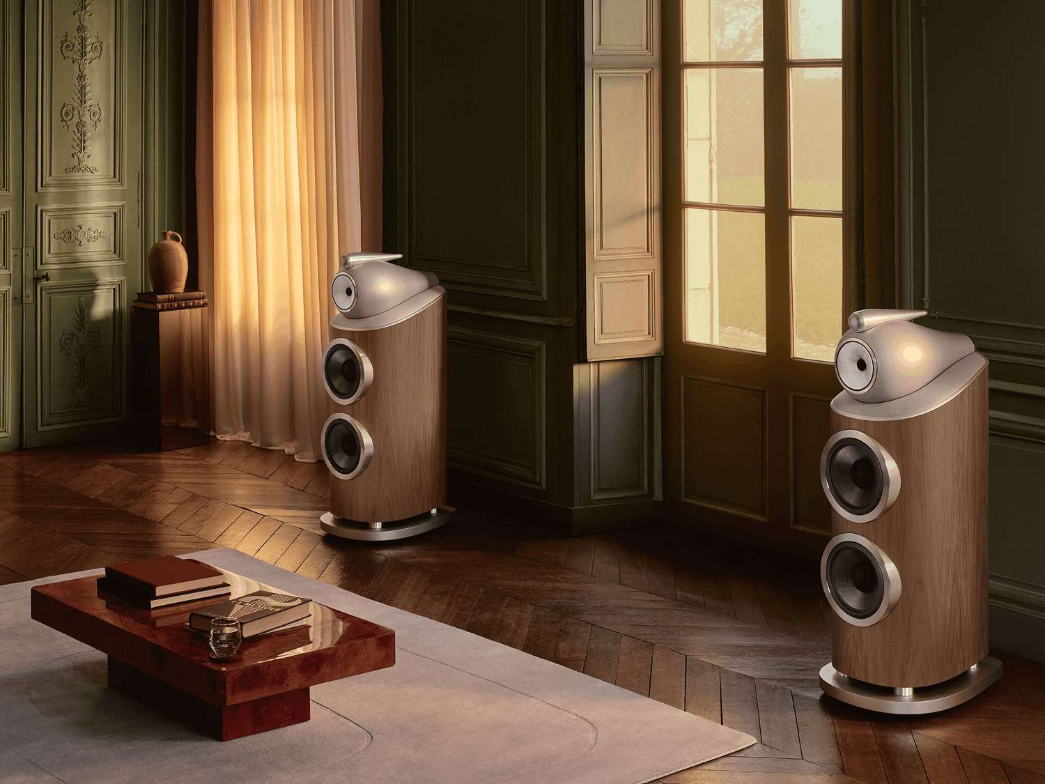 Loudspeakers in a living room facing left
