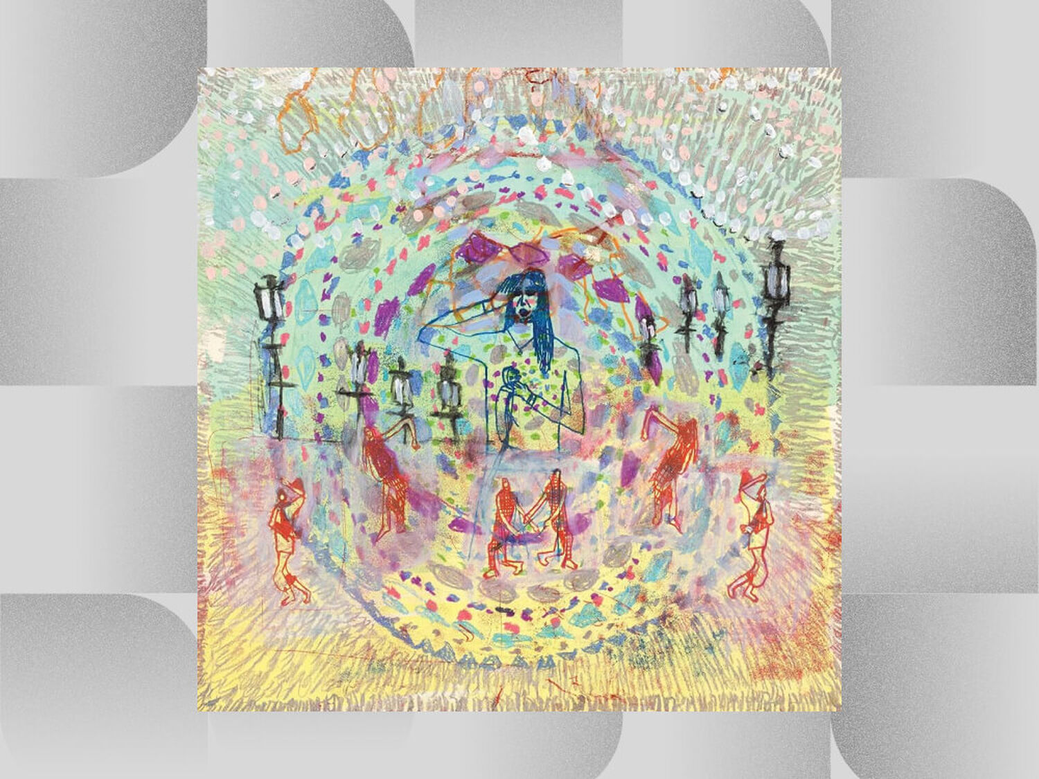 Colorful drawing of people dancing around singer
