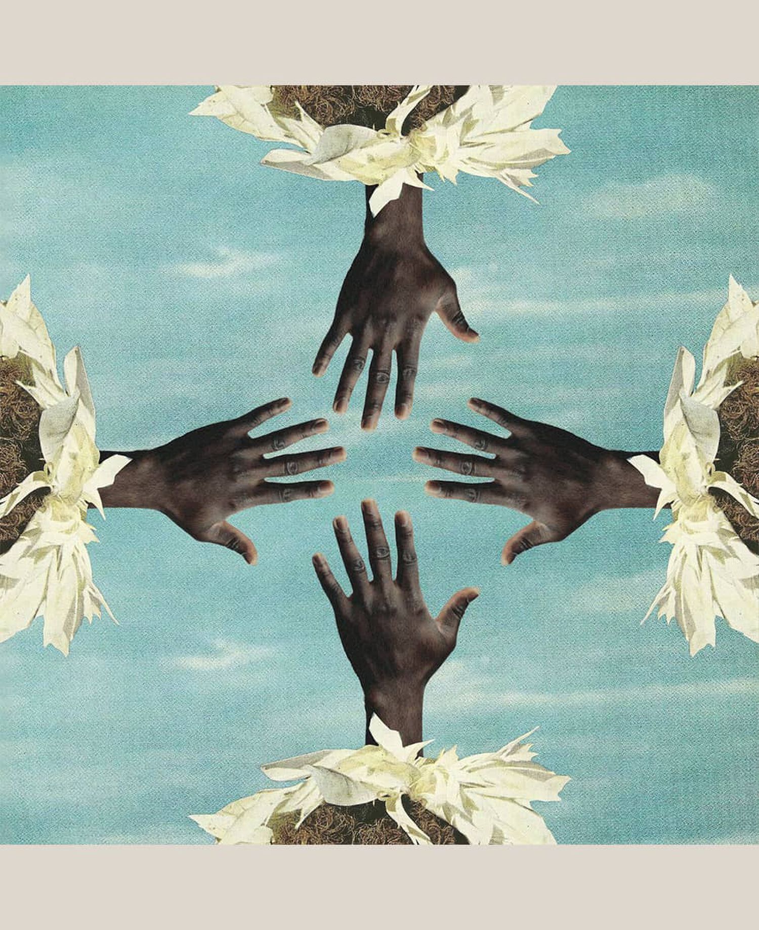 4 hands with floral bracelets meeting in the center of the square with blue background