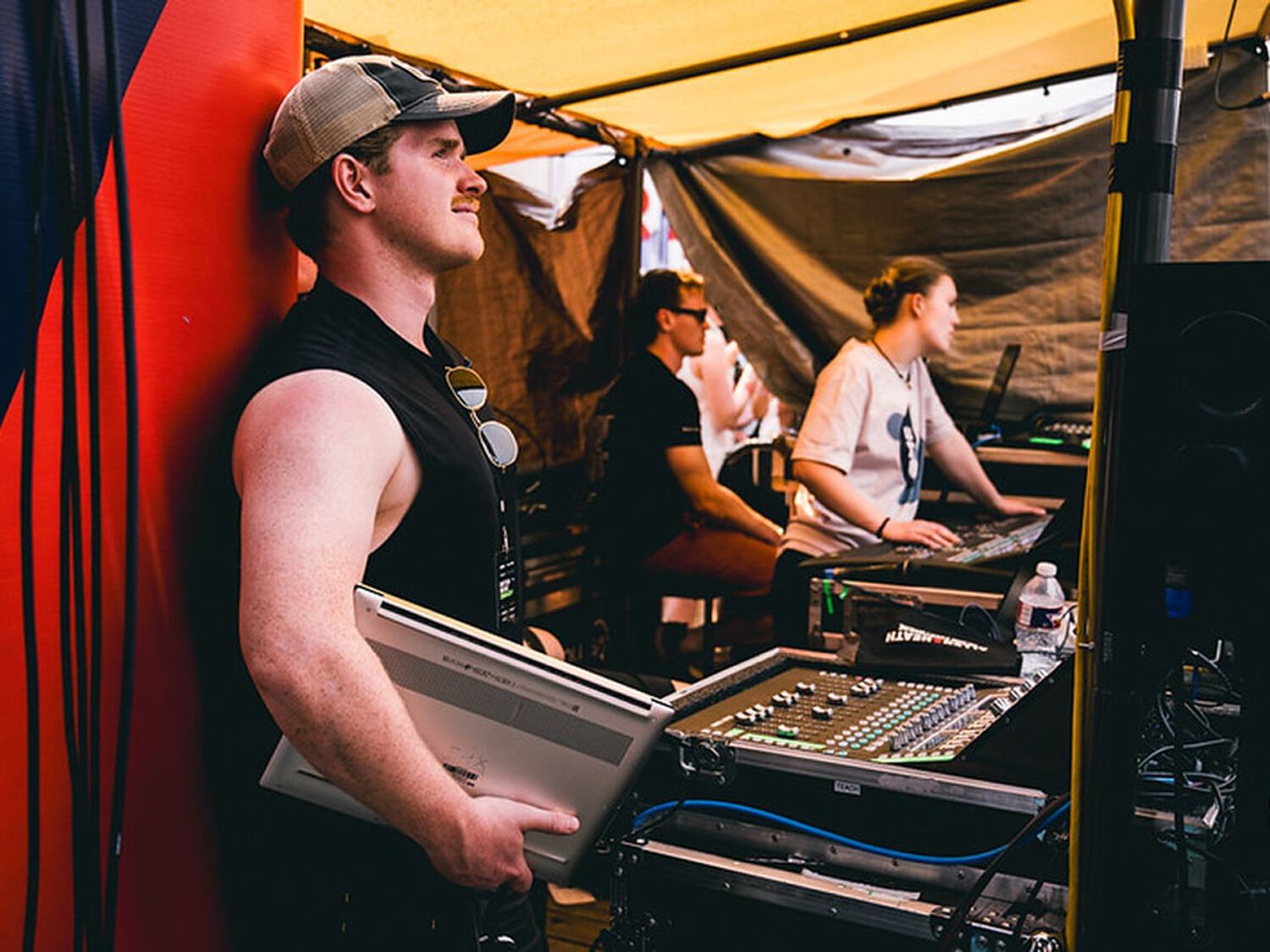 Man working next to stage equipment