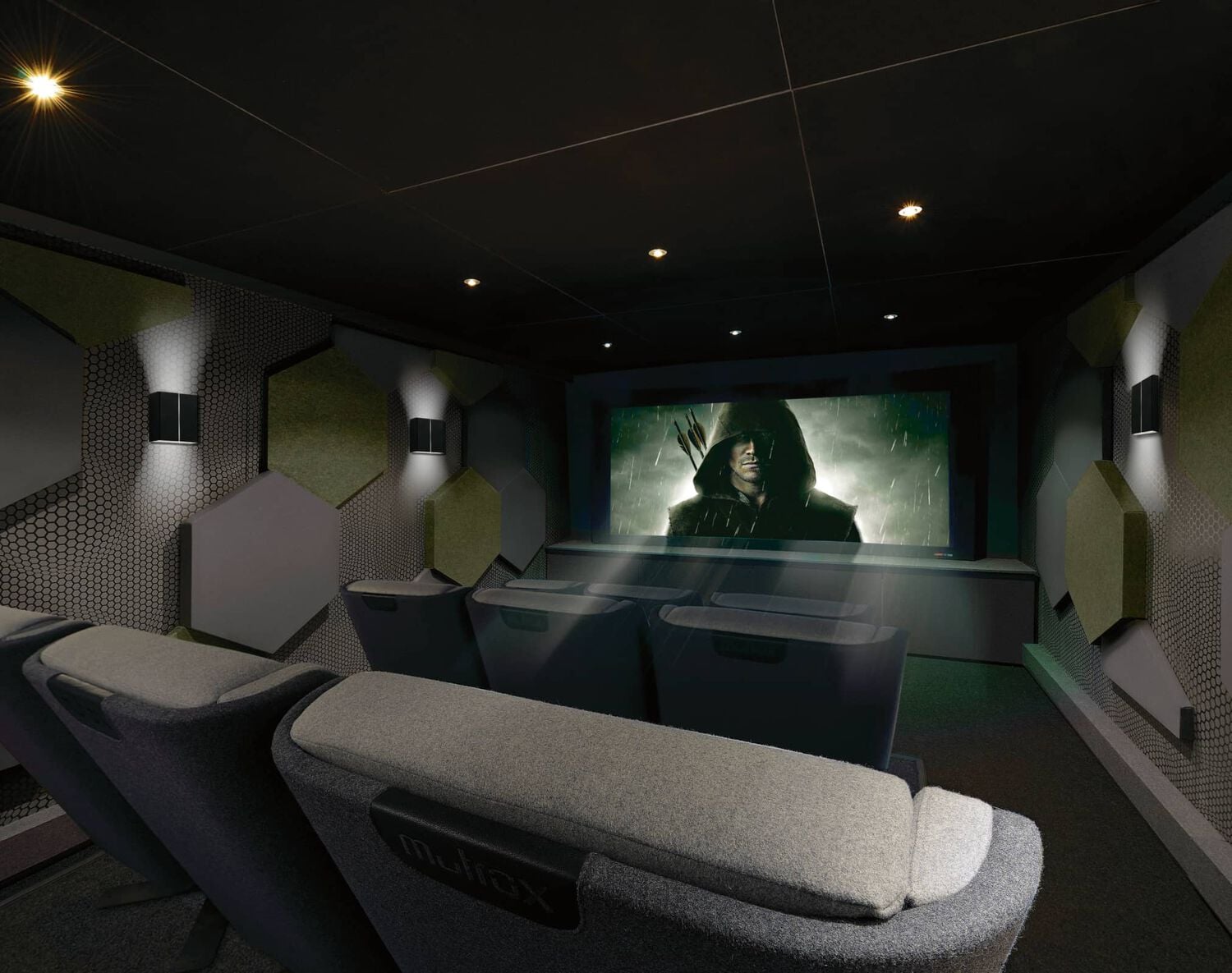 Movie theater showing hooded man