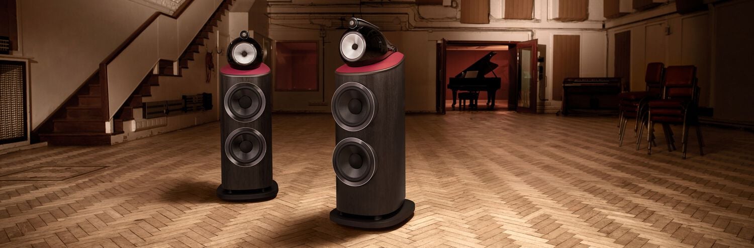 2 Black 801 Abbey Road speakers in room