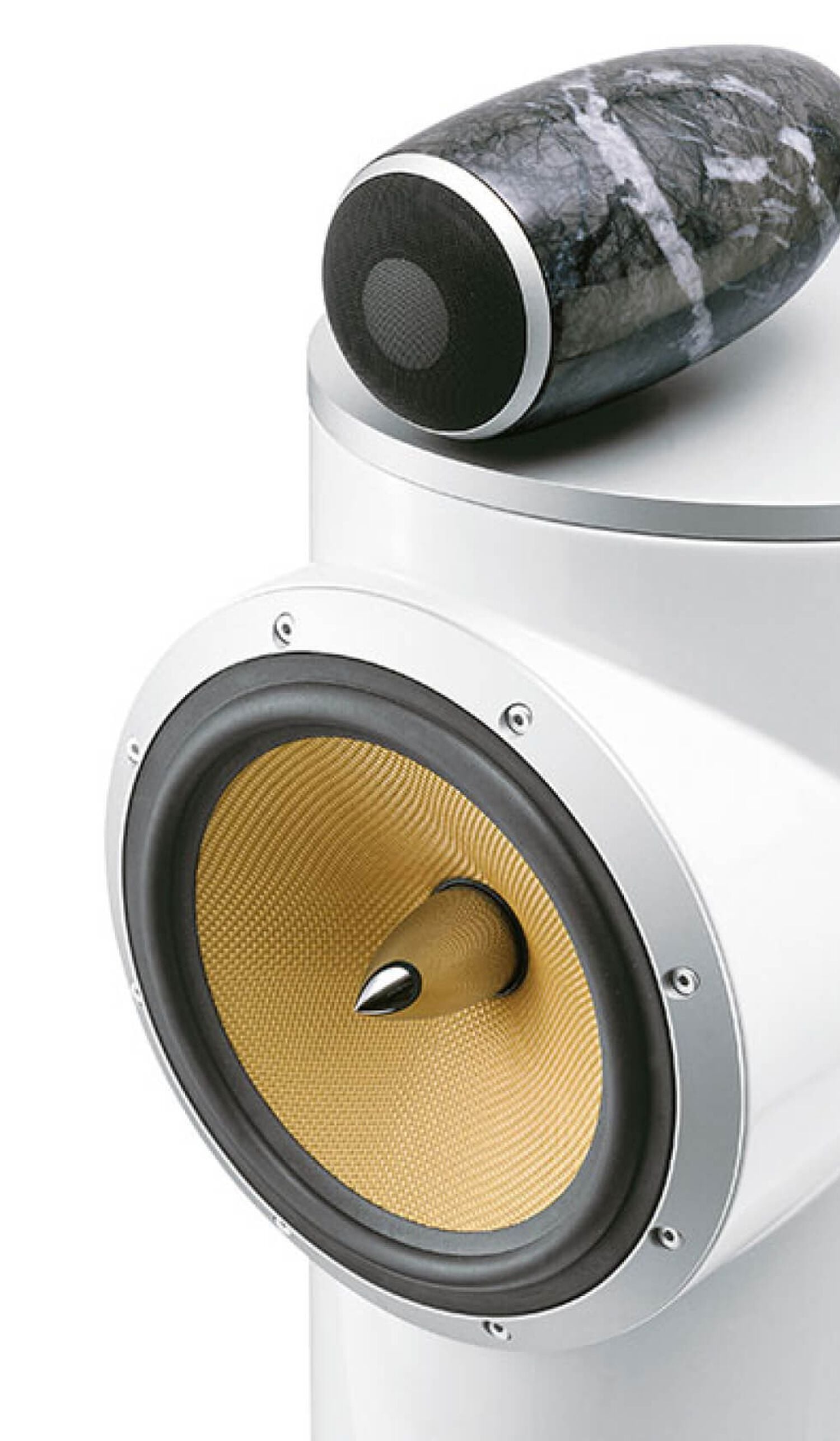 White speaker with yellow accents front facing left