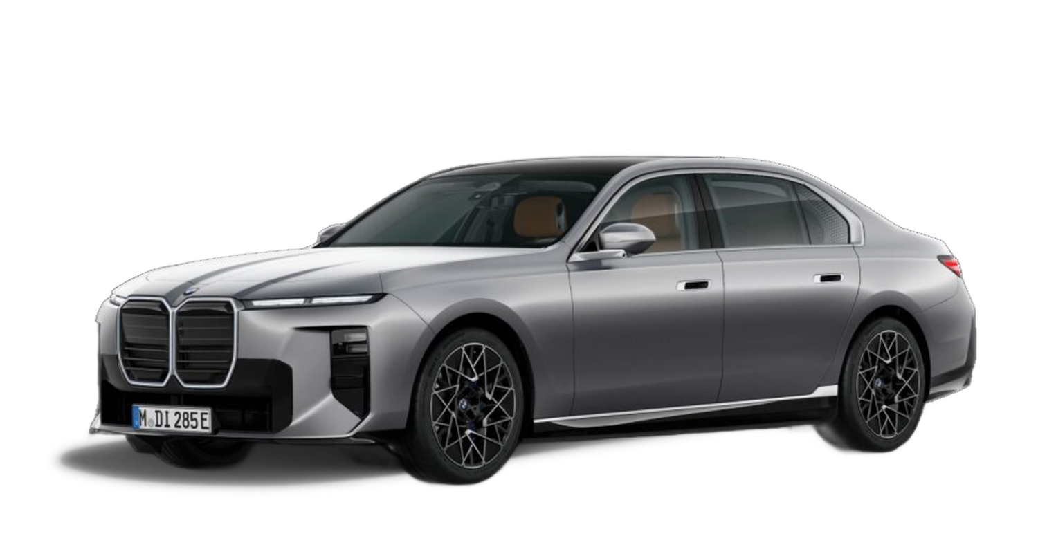 Tan BMW 7 Series car facing left with white background