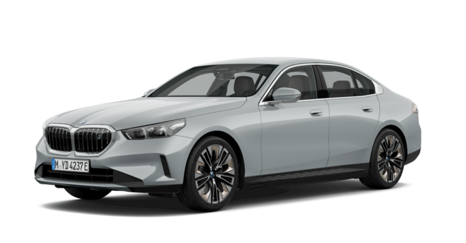 Grey BMW i5 car facing left with white background