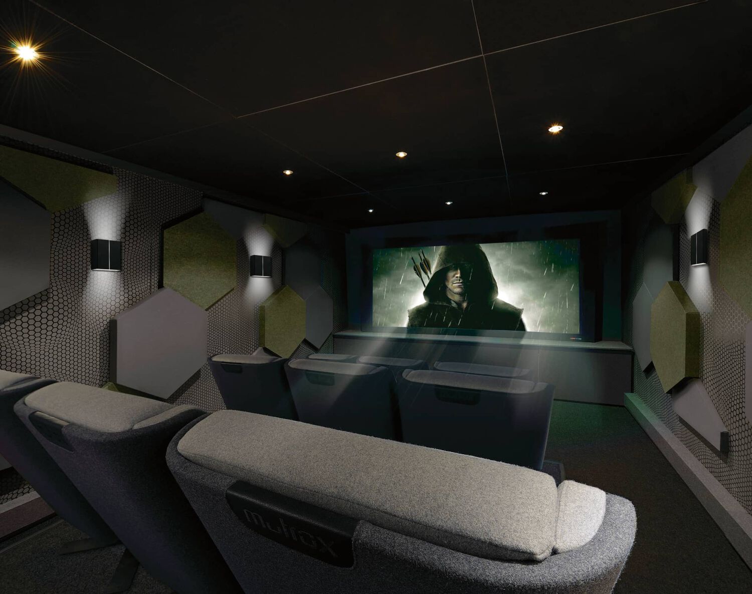 Movie theater showing hooded man
